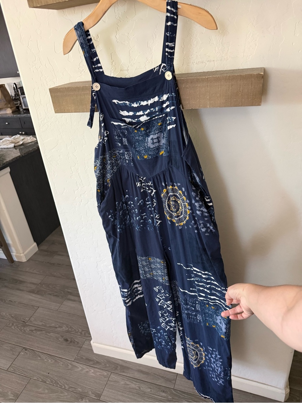 Small shop|Navy Boho Patchwork print Wide-Leg sleeveless Jumpsuit,overall style• - Picture 4 of 13